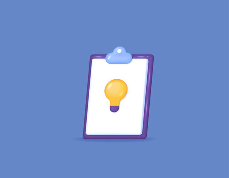 list of ideas and inspiration, creative and innovative. a clipboard and a light bulb. an image of a lamp in the clipboard. icon or symbol. 3d and realistic concept design. vector elements