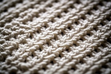 detailed, close-up view of a handmade white crocheted blanket. Generative AI