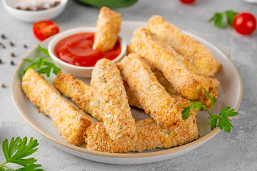 Baked crispy garlic parmesan zucchini sticks served with tomatoes sauce on a gray concrete background. Vegetarian healthy dish. Selective focus.