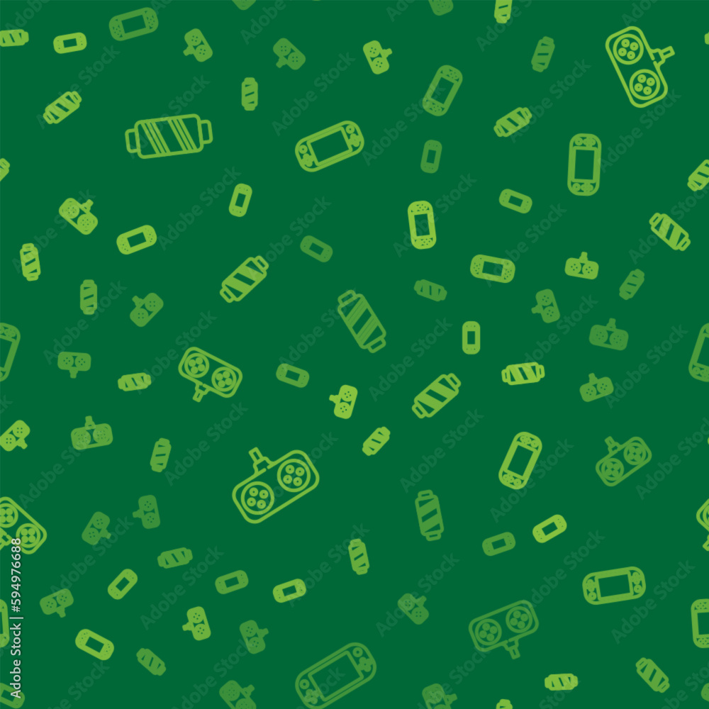 Aufkleber set line sewing thread on spool, gamepad and portable video game console on seamless pattern. vector