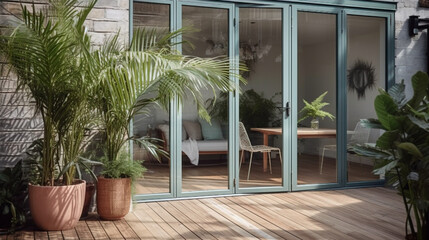 Fototapeta na wymiar A general exterior view of a back garden patio area with wood decking, potted plants, Dragon palm tree, metal table and two chairs pale pastel sage green patio doors, window, drain pipe. Generative AI