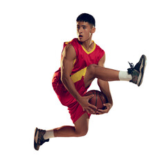 Young asian man, professional basketball player jumping with ball isolated over white transparent...