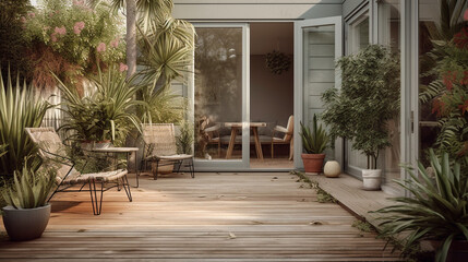 A general exterior view of a back garden patio area with wood decking, potted plants, Dragon palm tree, metal table and two chairs pale pastel sage green patio doors, window, drain pipe. Generative AI