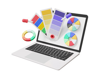 Minimal cartoon colorful creative artwork painting selection colors palette guide samples gradient graphic use in design program computer laptop on isolated background. 3d render illustration