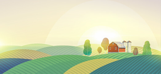 Rural landscape with a farm on a hill, and agricultural fields. Raster illustration.