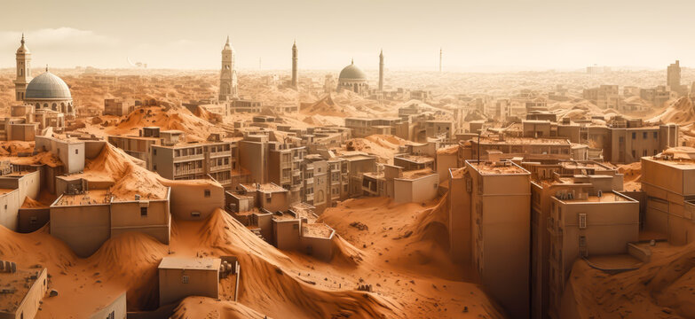 a large city is covered in sand, generative ai