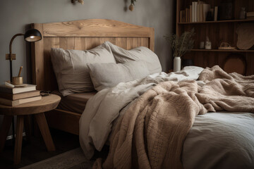A cozy bedroom with stylish decor, a wooden bedside table, a pottery jar, a book, lovely bed linens, a blanket, pillows, and other personal items, generative AI