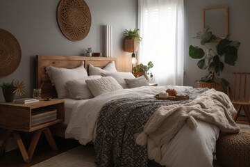 A cozy bedroom with stylish decor, a wooden bedside table, a pottery jar, a book, lovely bed linens, a blanket, pillows, and other personal items, generative AI