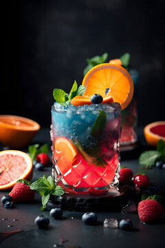 Colorful non-alcoholic summer cocktail with ice and berries on a dark background. Summer refreshing drink concept. Generated AI