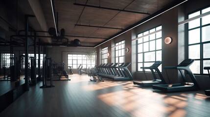 Fototapeta na wymiar Contemporary spotless fitness gym center interio. Generative AI