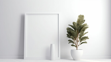 Empty square frame mockup in modern minimalist interior with plant in trendy vase on white wall background. Generative AI