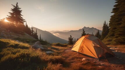 A camping tent in a serene mountainous environment, generative Ai