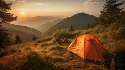 A camping tent in a serene mountainous environment, generative Ai