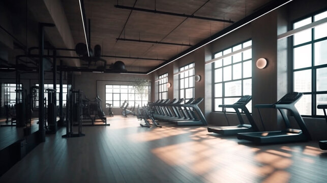 Contemporary spotless fitness gym center interio. Generative AI