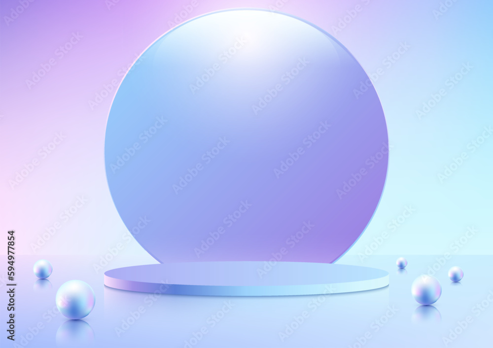 Poster 3d realistic blue and pink gradient empty podium platform product display decoration with sphere bal