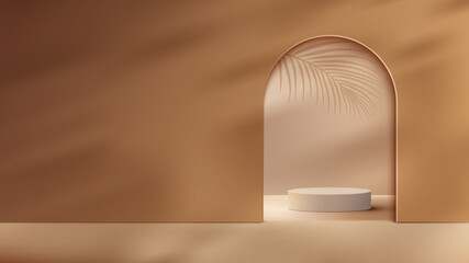 3D realistic beige podium stand pedestal on brown background with door partition and tropical palm leaves shadows