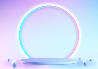 3D realistic blue and pink gradient empty podium platform product display circle neon light backdrop