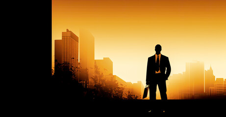 Fototapeta na wymiar a businessman with city landscape background, generative ai