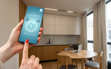 smart phone with home control application with water detected