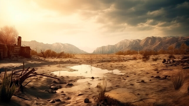 Global warming and drought. thirst. post apocalyptic world. realistic lanscape photography dsrl. Generative AI