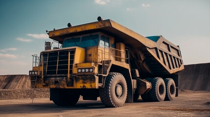 Fototapeta premium Open pit mine industry, big yellow mining truck for coal anthracite. Generative AI