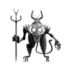 Insectlike Monster with horns and big yellow eyes and tail holding a trident. Isolated on white background. Vector illustration. Halftone design.