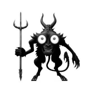 Monster with horns and big yellow eyes and tail holding a trident. Vector illustration. Halftone design.