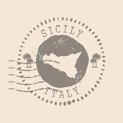 Stamp Postal of Sicily. Map Silhouette rubber Seal.  Design Retro Travel. Seal  Map of Sicily grunge  for your design. Italy. EPS10 - obrazy, fototapety, plakaty