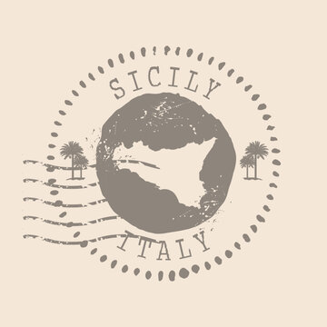 Stamp Postal of Sicily. Map Silhouette rubber Seal.  Design Retro Travel. Seal  Map of Sicily grunge  for your design. Italy. EPS10