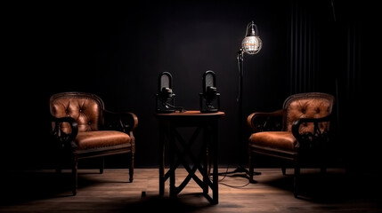 Two chairs and microphones in podcast or interview room isolated on dark background. Generative AI