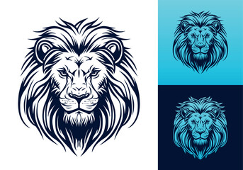 Lion face front view logotype line art eps vector art image illustration. Lion head with mane hair business company logo design and brand identity graphic.