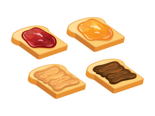 Four slices toasts with jam, honey, peanut butter and chocolate icon set vector. Toasted bread with sweet toppings collection. Sweet breakfast graphic design element isolated on a white background