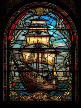 Stained glass window with the image of ship with sails generative ai