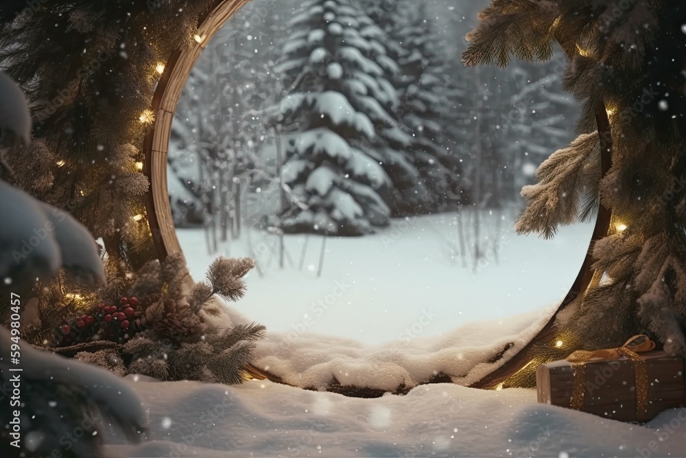 Canvas Prints winter wonderland with a cozy Christmas tree and a circular window with a snowy view. Generative AI