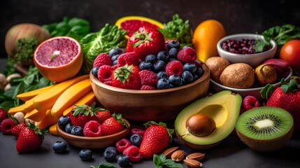 Fototapeta na wymiar Plant based diet, Vegan food, Vegetarian, fruits, vegetables, salad, meal, go vegan, Generative AI