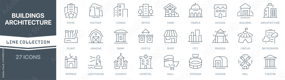 Poster Buildings and architecture linear signed icon collection. Signed thin line icons collection. Set of buildings and architecture simple outline icons
