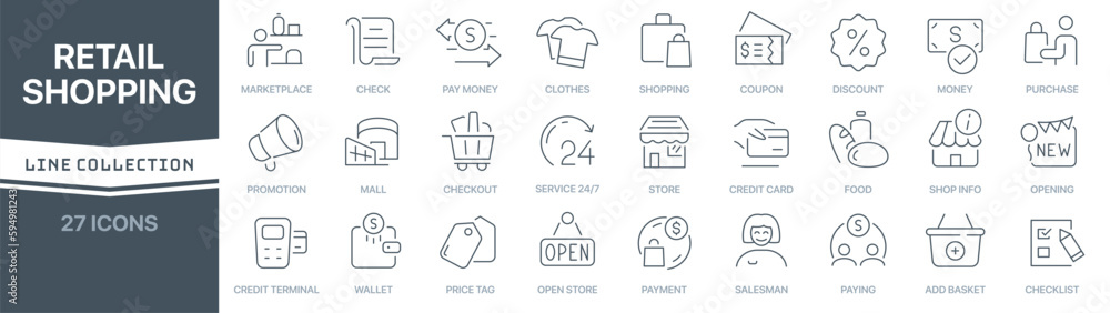Aufkleber Retail and shopping linear signed icon collection. Signed thin line icons collection. Set of retail and shopping simple outline icons