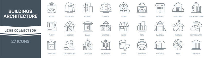 Buildings and architecture linear signed icon collection. Signed thin line icons collection. Set of buildings and architecture simple outline icons - obrazy, fototapety, plakaty