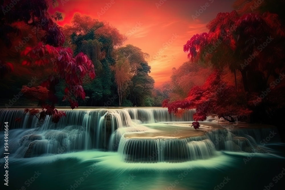 Poster serene waterfall surrounded by lush green trees in a forest setting. generative ai