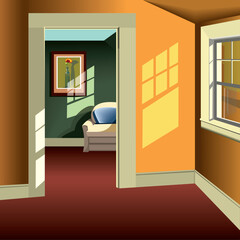 a nice interior of colorful classic home with a sofa, windows, lights and shadows, perspective interior.