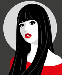 1383_Beautiful woman with long straight black hair wearing red dress