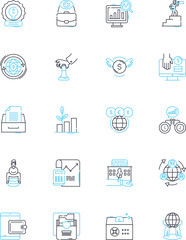 Online outreach linear icons set. Engagement, Outreach, Social media, Collaboration, Community, Awareness, Impact line vector and concept signs. Digital,Promotion,Interactivity outline illustrations