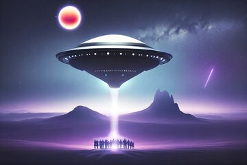 Fototapeta na wymiar UFO abducting a group of people. Illustration for World UFO Day. AI-generated
