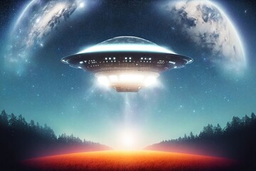 Naklejka na ściany i meble UFO flying in the sky. Illustration for World UFO Day. AI-generated