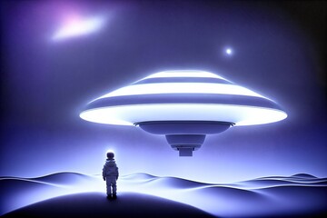 Image of a kid in front of a flying saucer. Good for World UFO Day. 