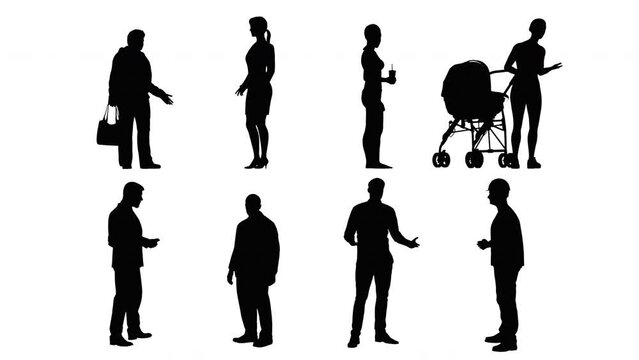 4K Alpha channel,Silhouette Group of People Standing on White Background for Interior and Exterior Scene 3d Animation.