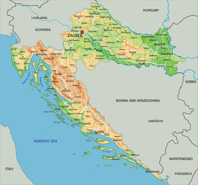 High detailed Croatia physical map with labeling.