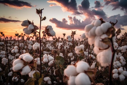 sunset over a cotton field with mature plants. Generative AI
