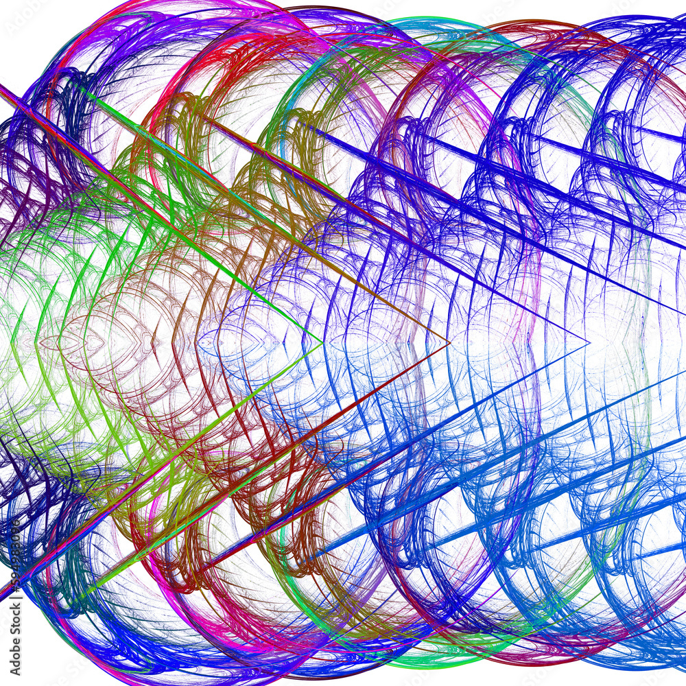 Poster rounded and straight multi-colored lines create a symmetrical pattern on a white background. colorfu