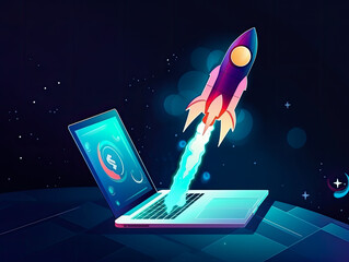 Startup concept with rocket flying out of laptop screen on blue background. Sideview, Generative AI - obrazy, fototapety, plakaty